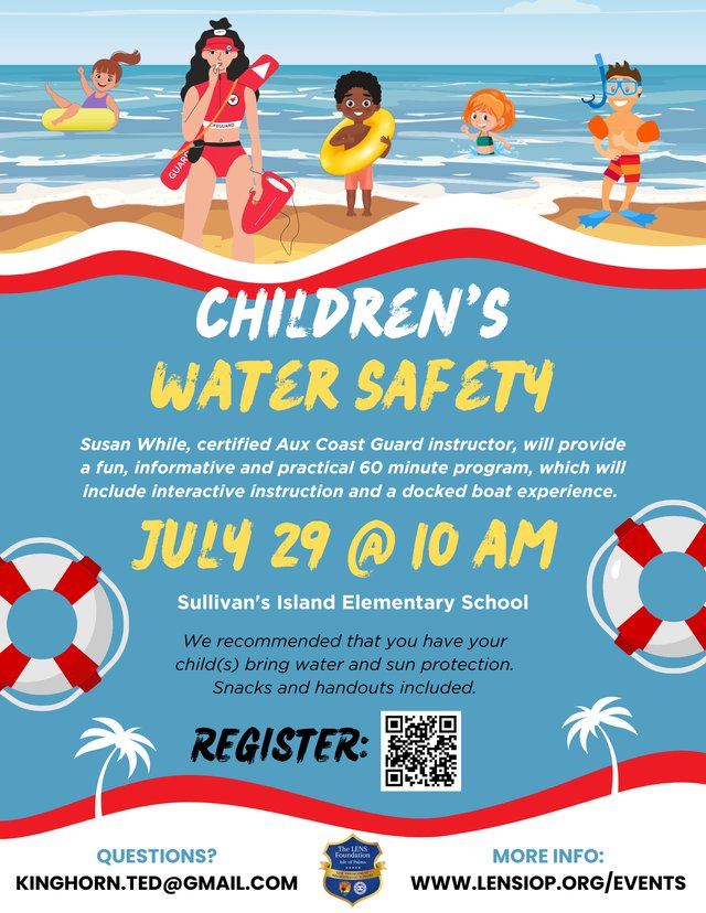 LENS Children's water safety program - July 29 flyer with QR code